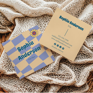 Retro Periwinkle Checkerboard med Daisy Flower Fyrkantigt Visitkort