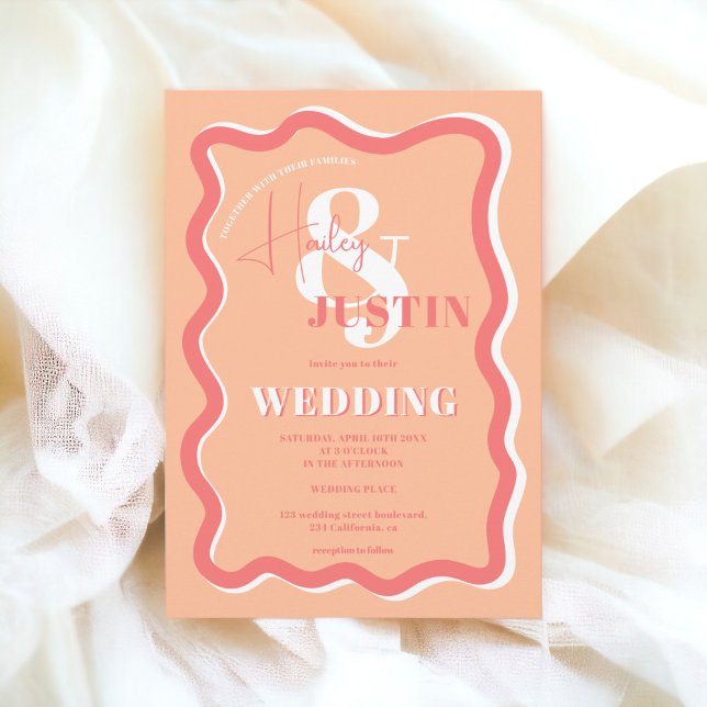 Retro-persiko-kurva vågigt bröllop-foto inbjudningar (Retro peach curve squiggle wavy wedding photo invitation)