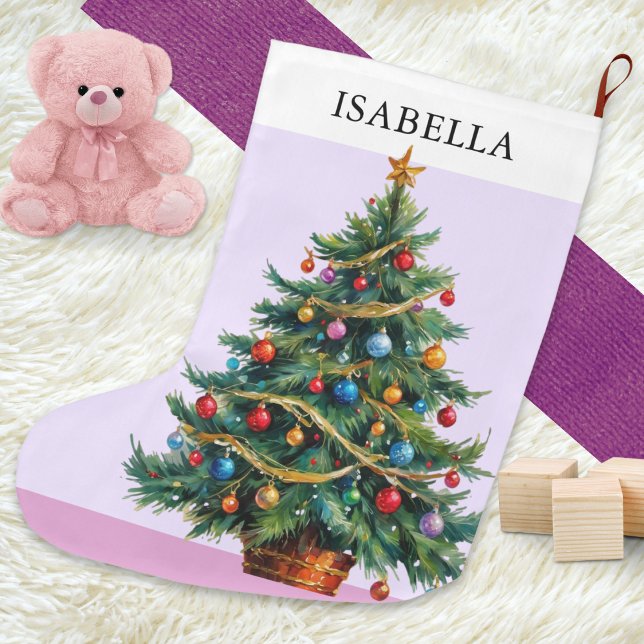 Retro Personlig Festlig Julgran Stor Julstrumpa (A pretty pink Christmas stocking, with picture of a decorated tree, to personalize with a name)