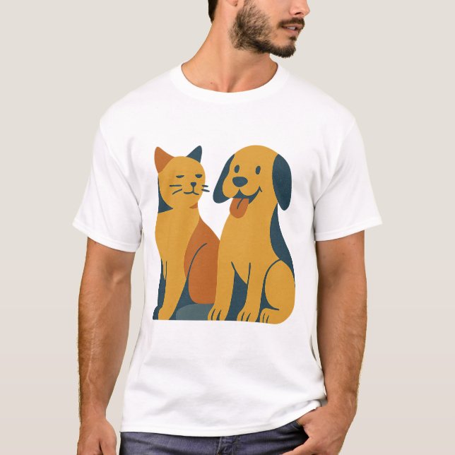 Retro Pet Pals - Mid Century Cat & Hund Art T Shirt (Framsida)