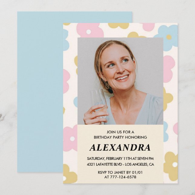 Retro Photo Blommönster 62:a födelsedagen Inbjudningar (Fram/baksida)