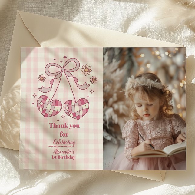 Retro Photo Cute Rosa Bow Coquette 1:a födelsedag Tack Kort (Skapare uppladdad)
