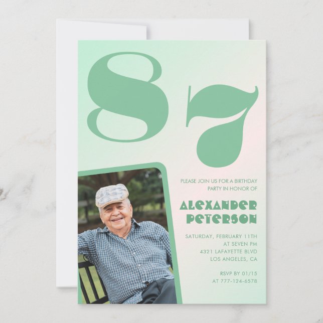 Retro Photo Grönt Gradient Man 87-årsdag Inbjudningar (Framsida)
