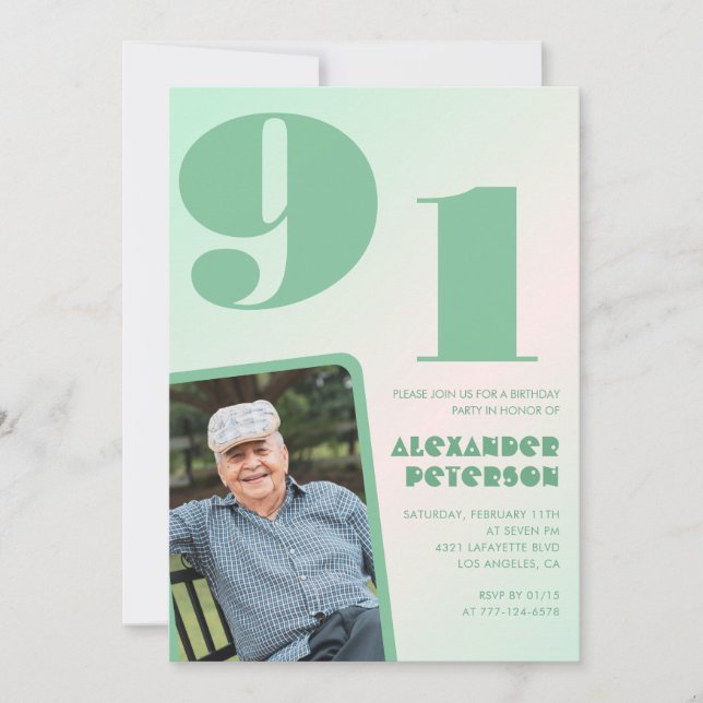 Retro Photo Grönt Gradient Man 91:a födelsedag Inbjudningar (Framsida)