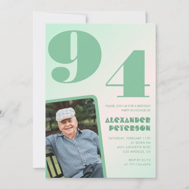 Retro Photo Grönt Gradient Man 94-årsdagen Inbjudningar (Framsida)