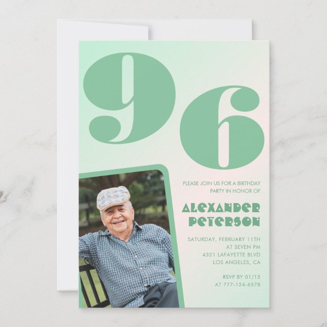 Retro Photo Grönt Gradient Man 96-årsdagen Inbjudningar (Framsida)