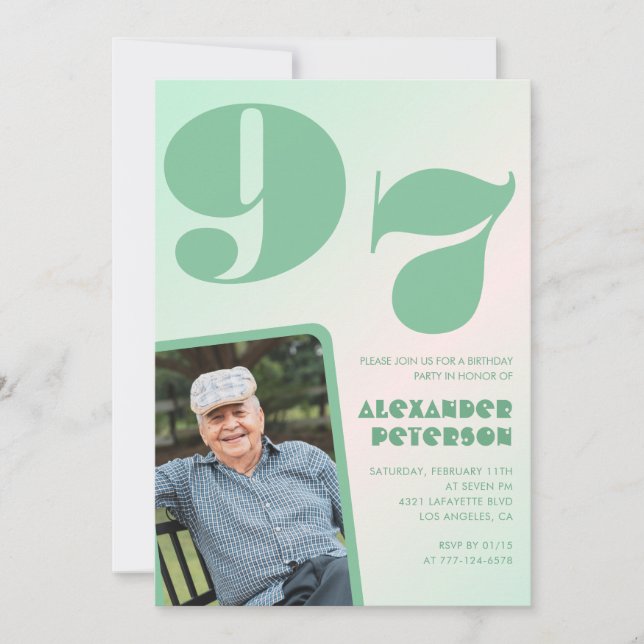 Retro Photo Grönt Gradient Man 97-årsdagen Inbjudningar (Framsida)