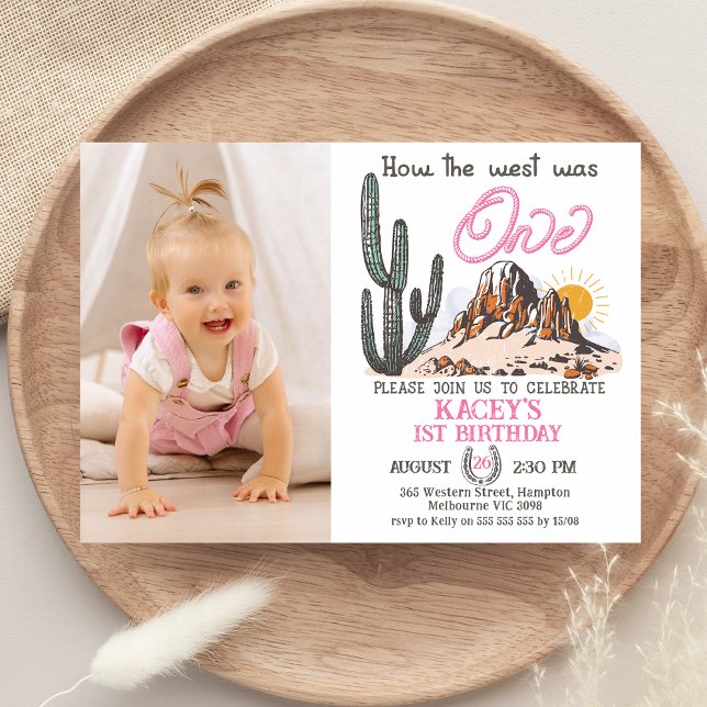 Retro Photo Hur Västern var en första födelsedag Inbjudningar (Girls Photo How the West Was One 1st Birthday Invitation, Baby Girl First Birthday Invite, Wild West)