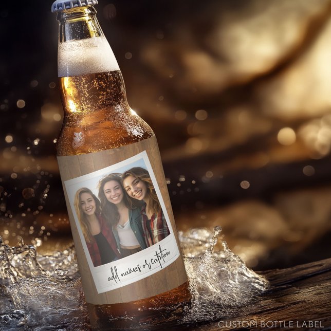 Retro Photo Ram - Square med Rustic Wood Back Ölflaska Etikett (Custom Beer Bottle Label - Photo Label)