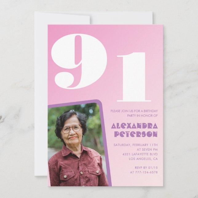 Retro Photo Rosa 91:a födelsedag Inbjudningar (Framsida)