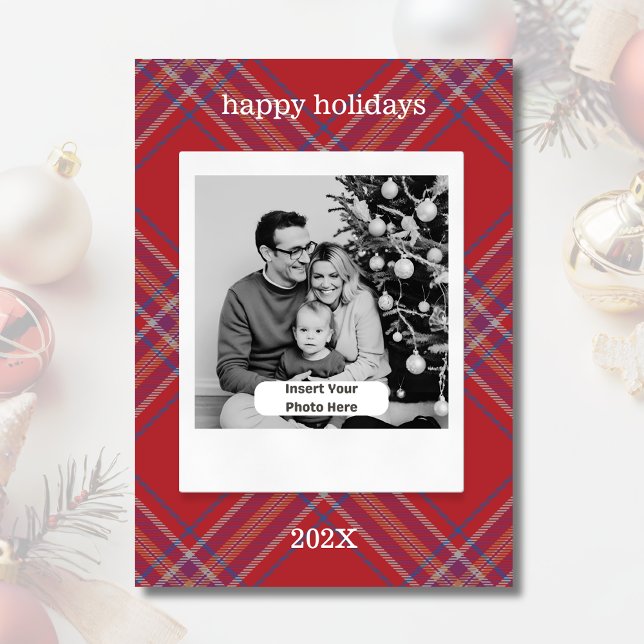 Retro Photo Stil Play-Personligen jul Julkort (Modern Retro Photo Style Personalized Flat Christmas Card. Red Tartan.)