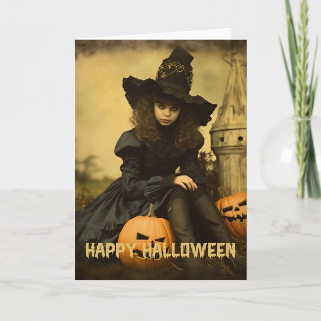 Retro Photography Halloween, söt häxflicka Helgkort (Framsida)