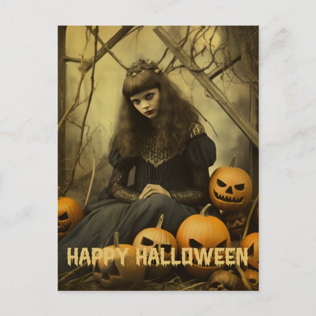 Retro Photography Halloween, söt häxflicka Vykort (Framsida)
