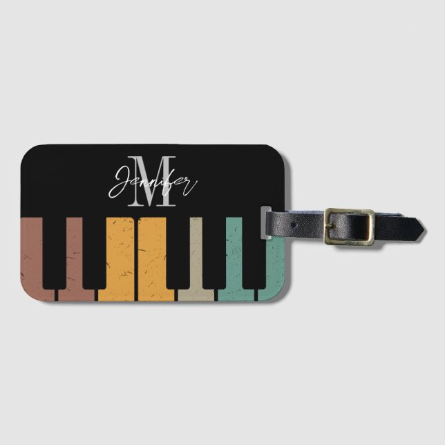Retro Piano Monogram Namn Personlig Bagagebricka (Framsida horisontal)
