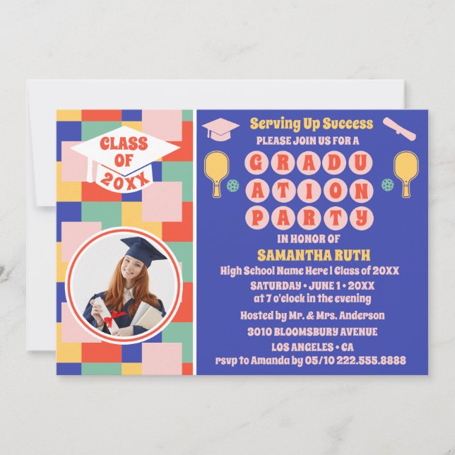 Retro Pickleball Studentfest Photo Inbjudningar (Framsida)