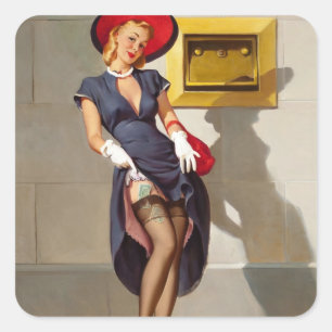 Retro Pin-Up Girl Fyrkantigt Klistermärke