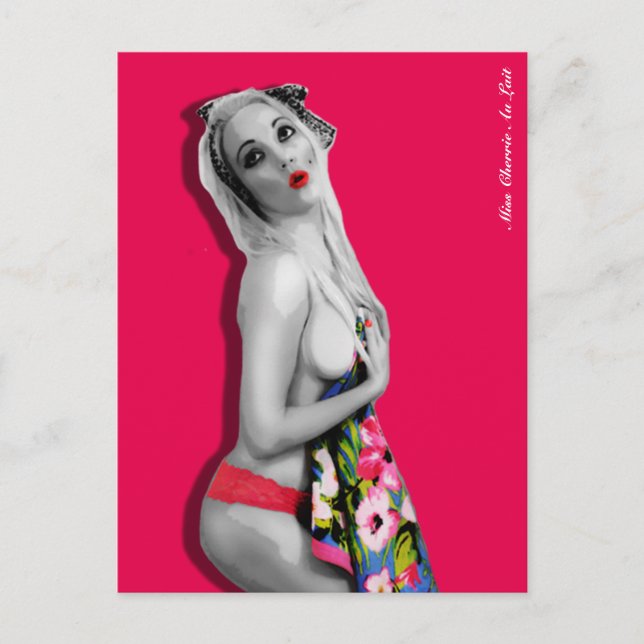 Retro Pin Up Girl Postcard Shock rosa Vykort (Framsida)