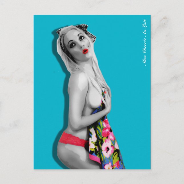 Retro Pin Up Girl Postcard Teal Blue Vykort (Framsida)