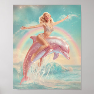 Retro Pin-Up Girl Riding a Sparkling Rosa Dolphin Poster