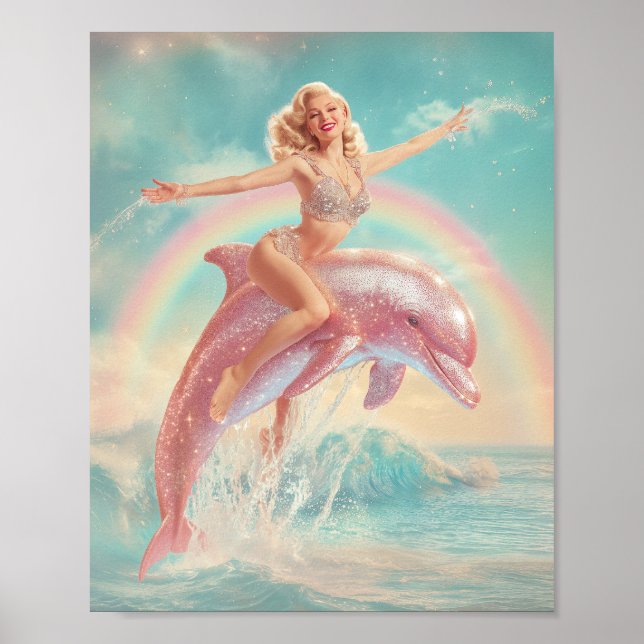 Retro Pin-Up Girl Riding a Sparkling Rosa Dolphin Poster (Framsidan)