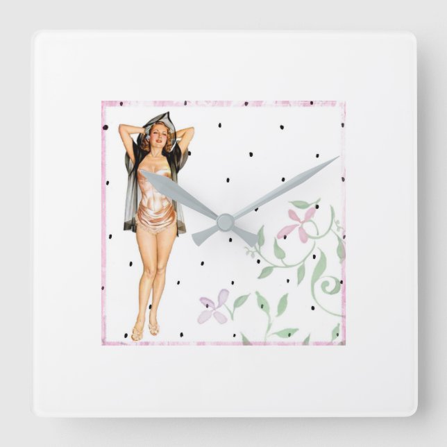 Retro Pin Up Girl Wall Clock Fyrkantig Klocka (Framsida)