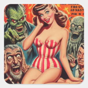 Retro Pin-up och Monsters Fyrkantigt Klistermärke