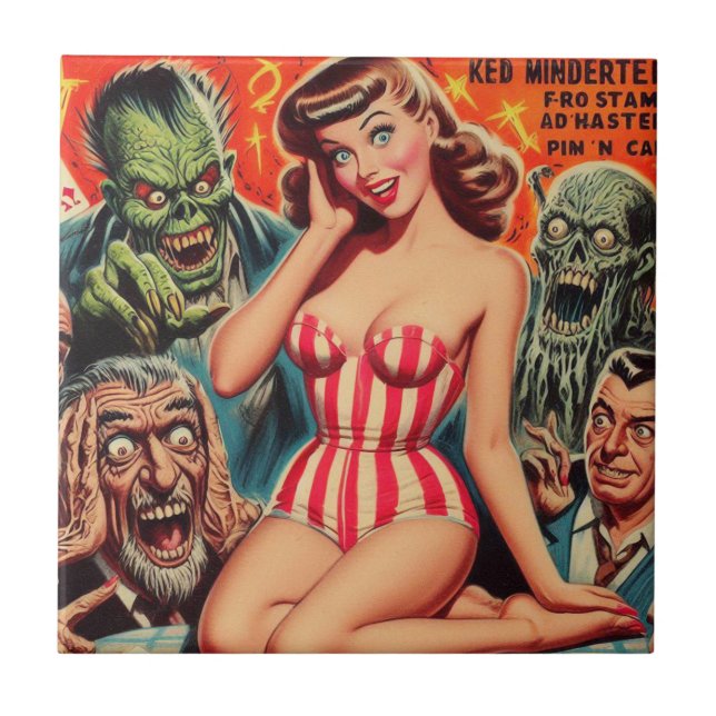 Retro Pin-up och Monsters Kakelplatta (Framsidan)