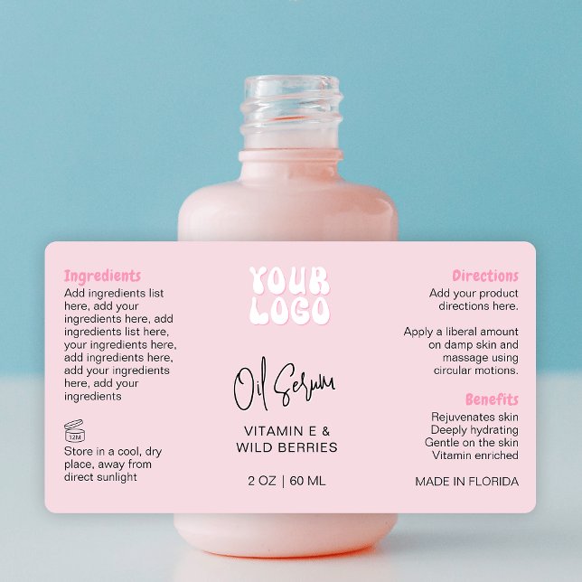 Retro Pink 2oz Dropper Bottle Wraparound Fraktsedel (Trendy Retro White & Pink 2OZ* cosmetic bottle wrap around label with your logo *verify size)