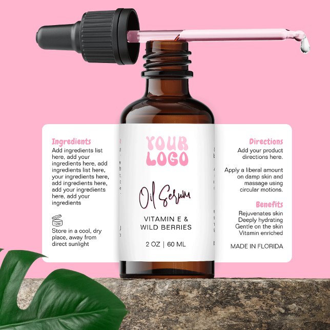 Retro Pink 2oz Dropper Bottle Wraparound Fraktsedel (Trendy Retro White & Pink 2OZ* cosmetic bottle wrap around label with your logo *verify size)