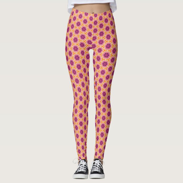 Retro Pink and Orange Modern Geometric Pattern Leggings (Framsida)