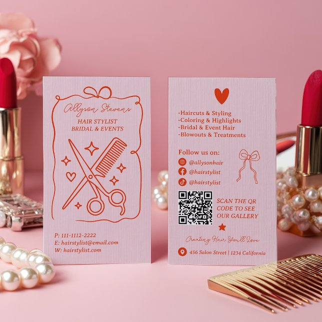 Retro Pink and Red Doodles Hair Stylist QR Code Visitkort (Retro Pink and Red Doodles Hair Stylist QR Code Business Card)