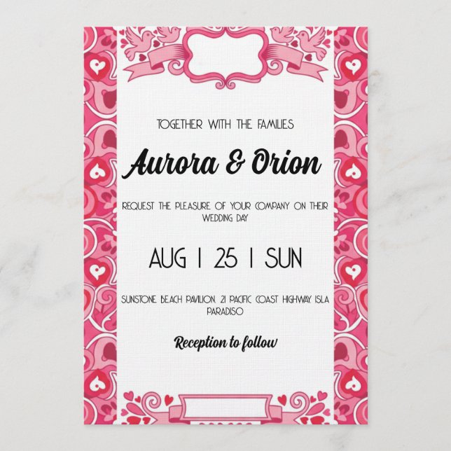 retro pink and red wedding invitation inbjudningar (Framsida)
