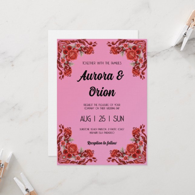 retro pink and red wedding invitation inbjudningar (Fram/Back In Situ)