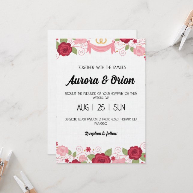 retro pink and red wedding invitation inbjudningar (Fram/Back In Situ)