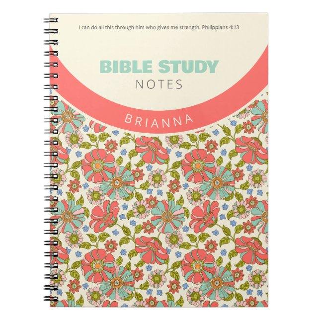 Retro Pink & Aqua Floral Personalized Anteckningsbok (Framsidan)