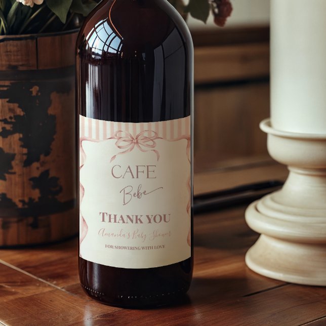 Retro Pink Bow Cafe Bebe Girl Coffee Baby Shower Vinflaska Etikett (Skapare uppladdad)