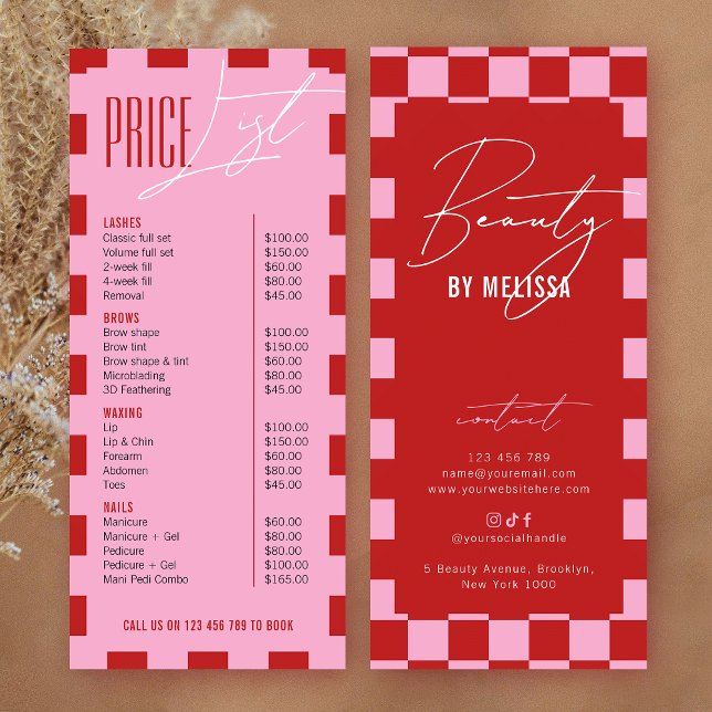 Retro Pink Checkered Hair Makeup Salon Price List Reklamkort (Skapare uppladdad)