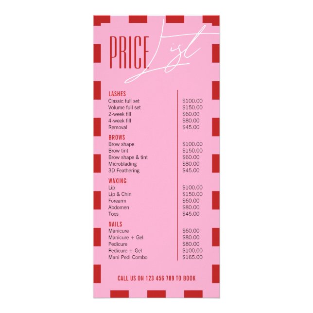 Retro Pink Checkered Hair Makeup Salon Price List Reklamkort (Framsidan)