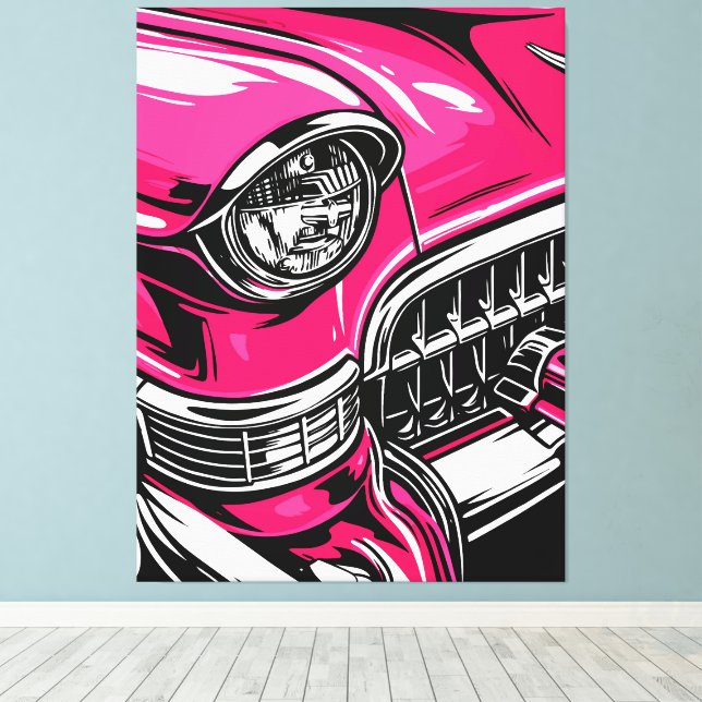 Retro Pink Classic Car Front Pop Art Illustration Canvastryck (Insitu (trägolv))