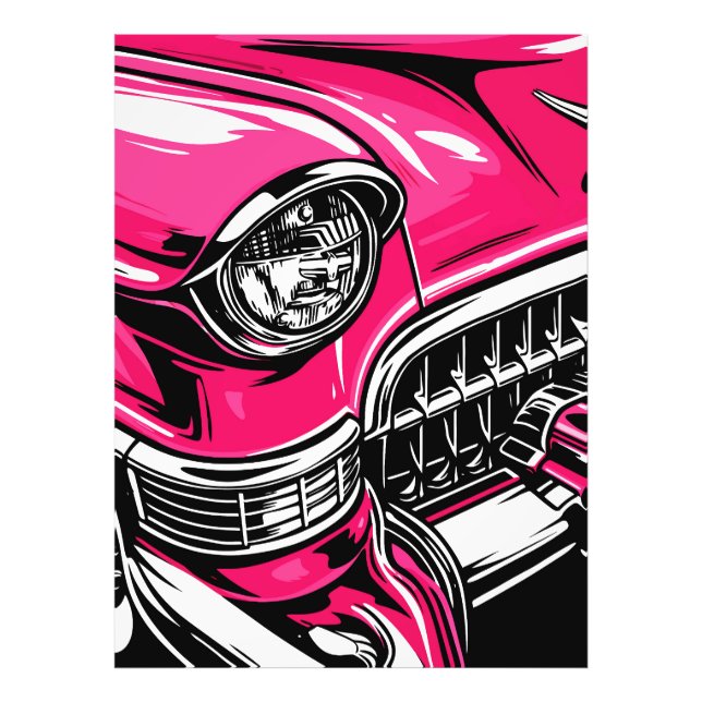 Retro Pink Classic Car Front Pop Art Illustration Fototryck (Framsidan)