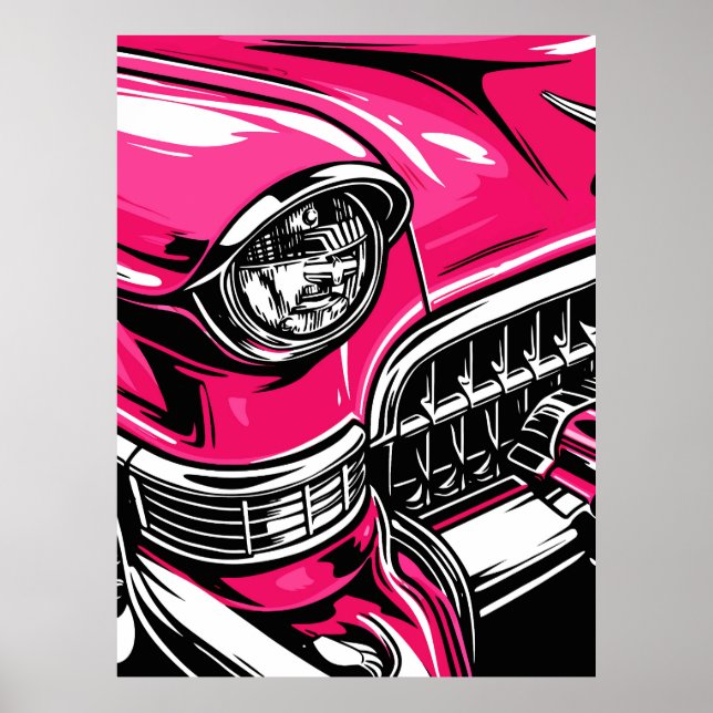 Retro Pink Classic Car Front Pop Art Illustration Poster (Framsidan)
