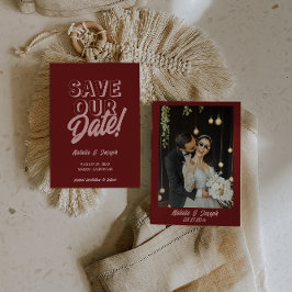 Retro Pink Deep Red Modern Unique Photo Wedding Spara Datumet