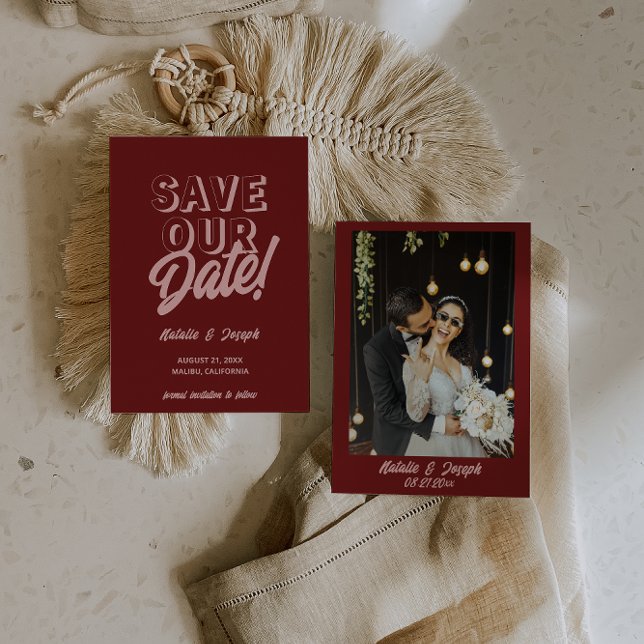 Retro Pink Deep Red Modern Unique Photo Wedding Spara Datumet (Skapare uppladdad)