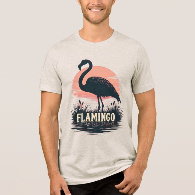 Retro Pink Flamingo Sunset Silhouette Water Art T Shirt (Framsida)