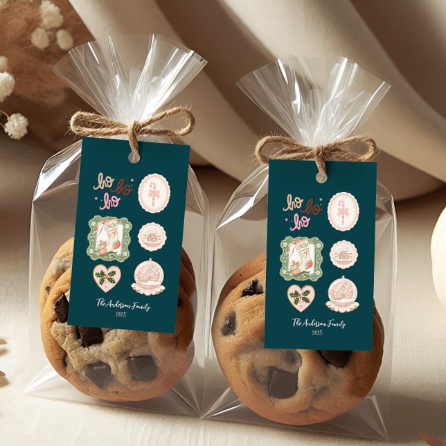 Retro Pink Green Christmas Presentetikett (Skapare uppladdad)