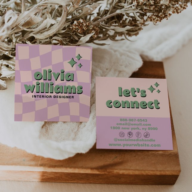 Retro Pink Green Pastel Groovy Checkered Girly Fun Fyrkantigt Visitkort (Skapare uppladdad)