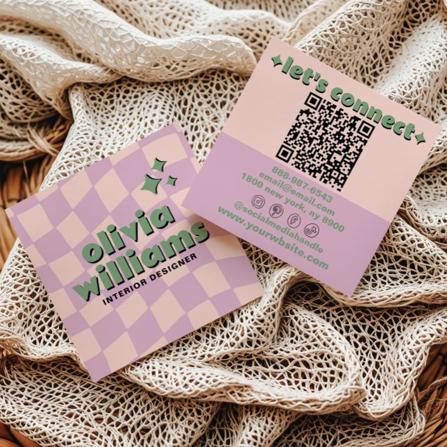 Retro Pink Green QR Code Groovy Checkered Girly Fyrkantigt Visitkort (Skapare uppladdad)