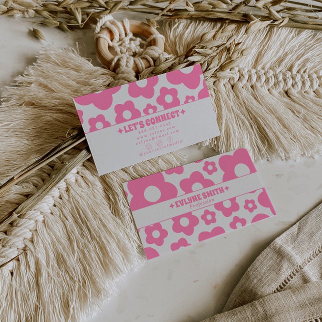 Retro Pink Groovy Floral Boho Girly Unique Trendy  Visitkort (Skapare uppladdad)