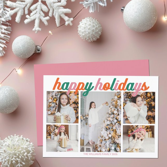 Retro Pink Happy Holidays 5 Photo Collage Julkort (Skapare uppladdad)