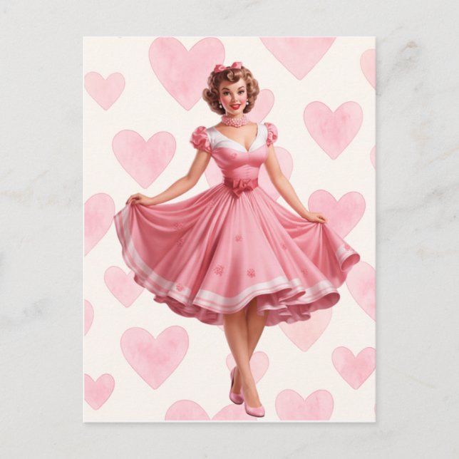 Retro Pink Hearts Romance Card Postcard  Helg Vykort (Framsida)